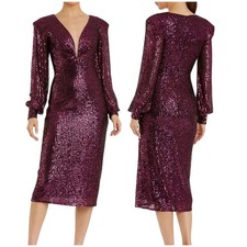 Mac Duggal NWT Sequined Structured Bishop Sleeve Midi Dress Magenta Pink Size 6