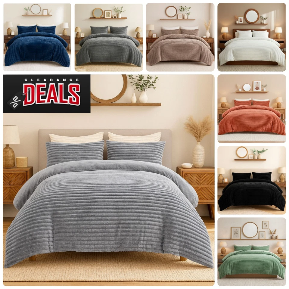 GAVENO CAVAILIA Osum Ribbed Duvet Quilt Cover Pillowcase Fluffy Warm Teddy Fleece Bedding Set