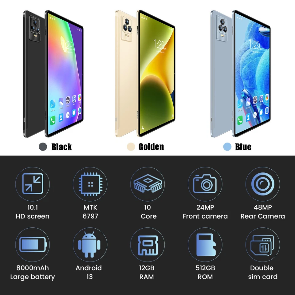 10.1"Tablet PC HD Android 13 6/8/12+128/256/512GB ROM IPS 10 Cores 5G 24+48MP - Image 3 of 4