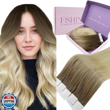 Fshine Tape Hair Extensions Human 12 Inch Balayage Walnut Brown to Ash Brown