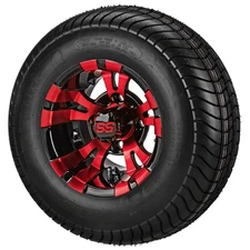 (4) Golf Cart 205/65-10 6Ply Street Tires on 10x7 Red/Black Vampire Wheels