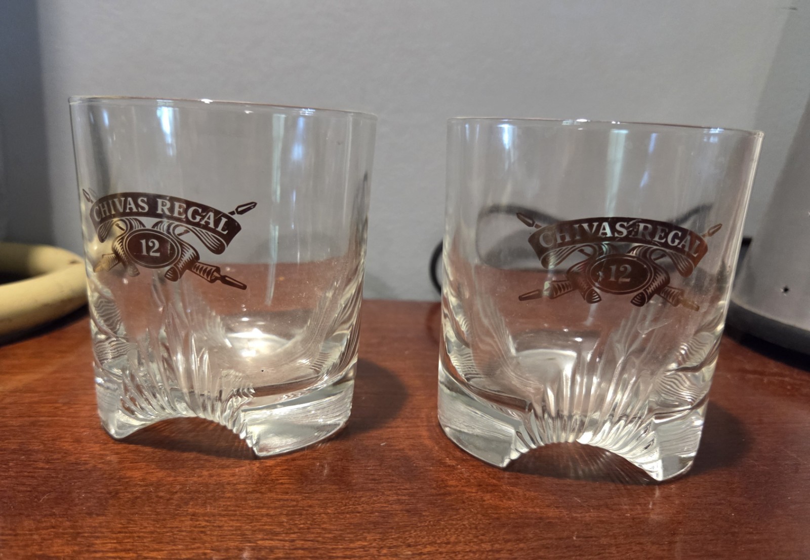 Vintage Chivas Regal Scotch Whiskey Glasses w/Etched Gold Label Low Ball Rocks