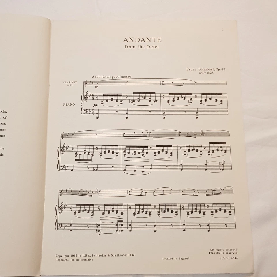 1945 Franz Shubert Andante for Octet Op. 166 for Clarinet Bb & Piano by Roth - Image 4 of 4