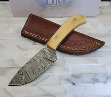NEW 6" Damascus Steel Hunting Skinning Knife Bone Handle With Leather Sheath