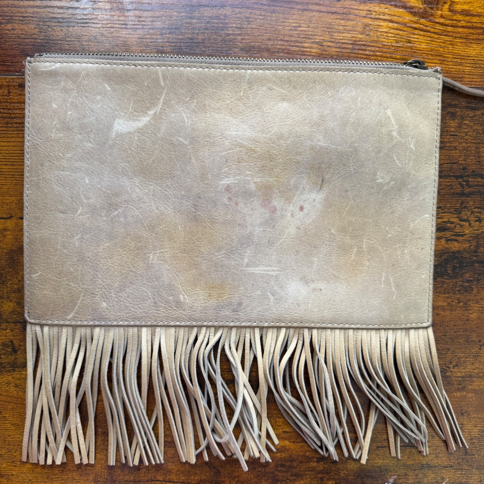 Madewell Boho Leather Fringe Zip Clutch Bag Tan Western Cowgirl Earthy Granola