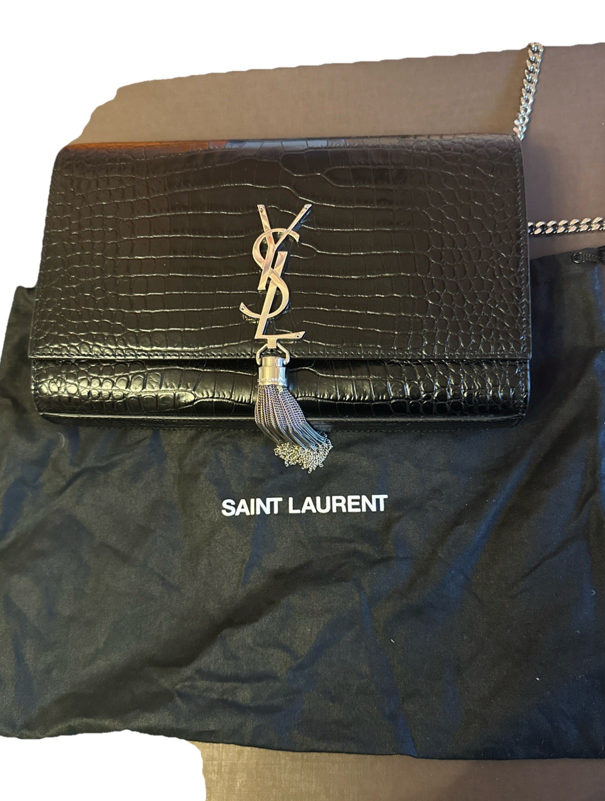 Saint Laurent Cassandra Crocodile Shoulder Bag Medium Black Leather
