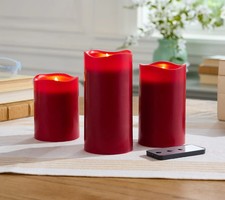 Set of 3 Home Reflections Holiday RED Wax Flameless Pillar Candles w/Remote NIB