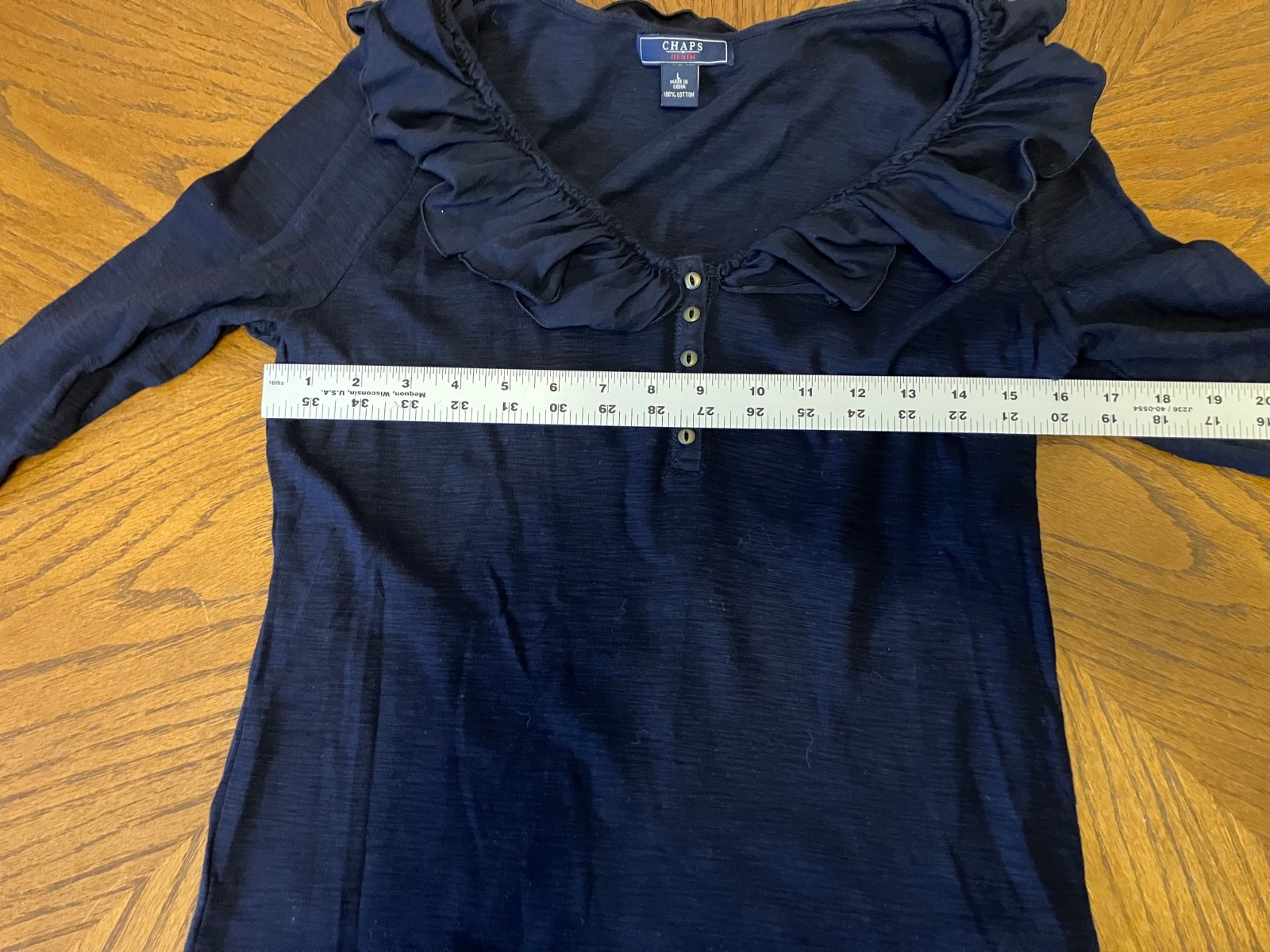 Chaps Women's Black Solid Ruffled Neck Long Sleev… - image 3