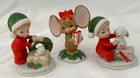 3 VTG Lefton Miniature Christmas Figurines w/Presents Boys Puppy Teddy Mouse
