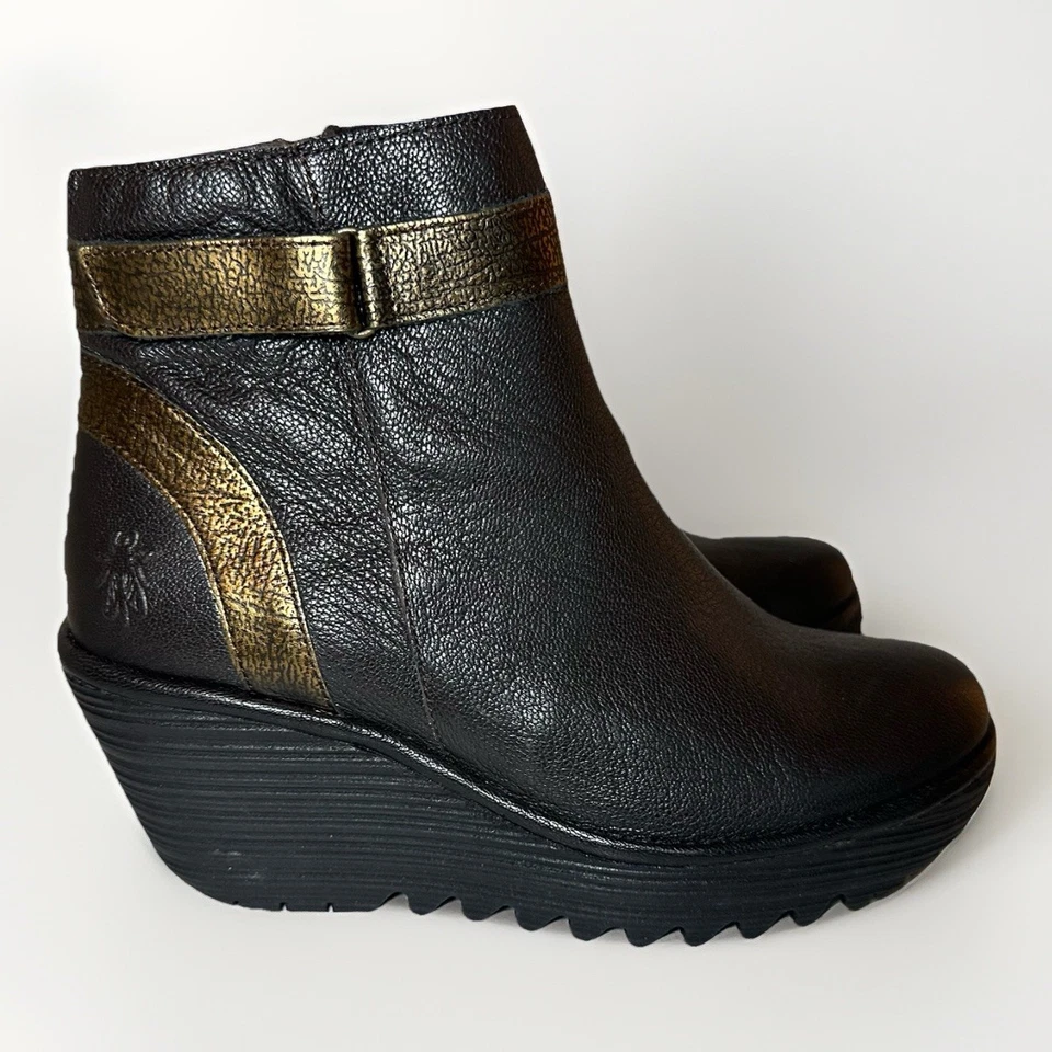 FLY LONDON Women Chocolate Brown Yado Leather Wedge Booties US 6.5-7 EU 37 WIDE - Image 4 of 4