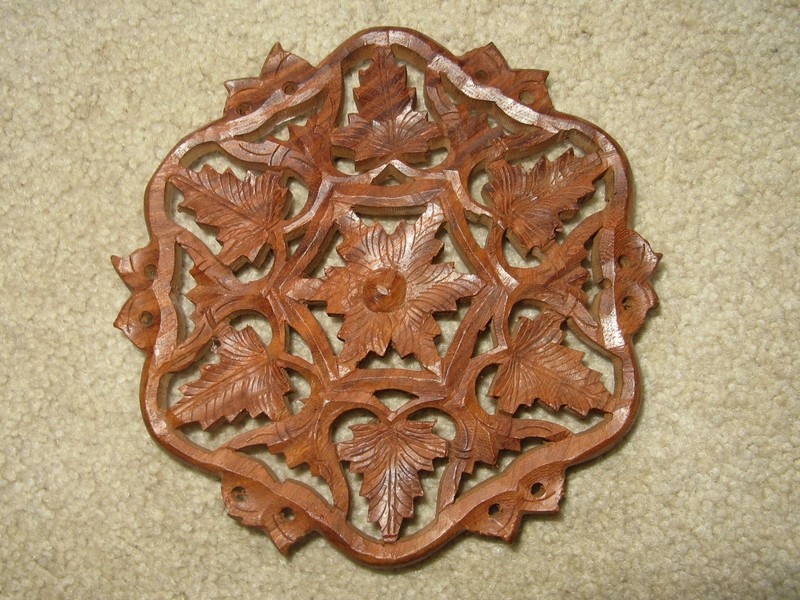Vintage Hand Carved Wooden Flower Trivet Teak Wood Hot Plate Plant Stand India