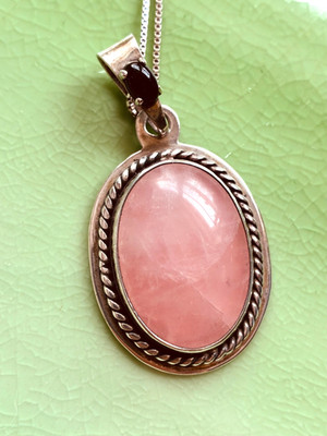 Vintage Rose Quartz & Black Onyx Necklace Pendant Oval Sterling Braided GORGEOUS