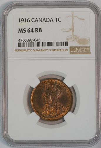1916 1C One Cent Canada Coin (NGC MS 64 RB MS64RB) KM# 21 (B2838) 