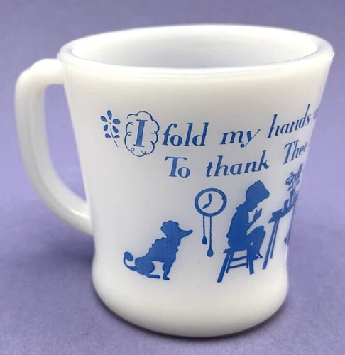 Fire King Oven Ware Milk Glass Mug Cup Anchor Hocking Cup Prayer Daily Bread USA