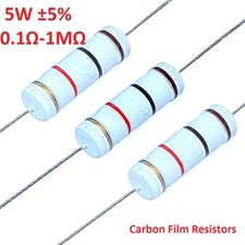 10pcs 5W Carbon Film Resistors ±5% Range 0.1Ω/Ohm to 1MΩ/Ohm