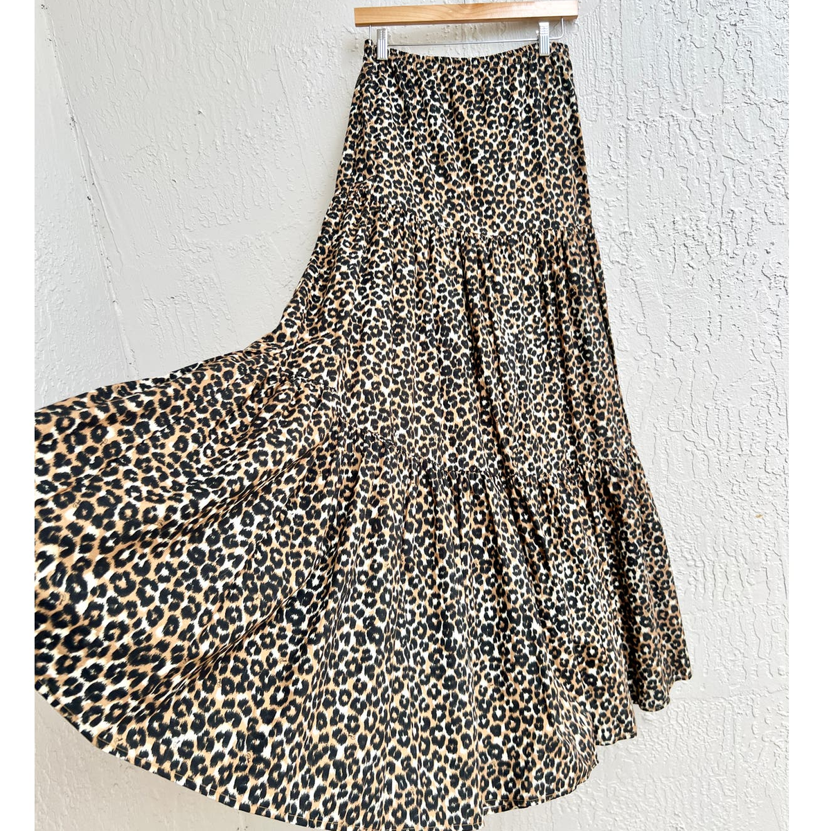Pinko Elastic Waist Leopard Print Tiered Maxi Skirt Brown
