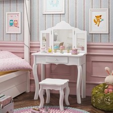Girls Dressing Table with Mirrors, Children's Makeup Desk for Age 3-12, White
