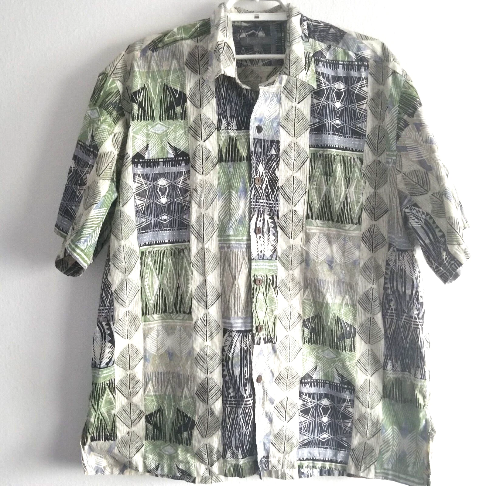 Mens Hawaiian Shirt Button Front Tropical Size 2XL Green Cotton aloha Vacation
