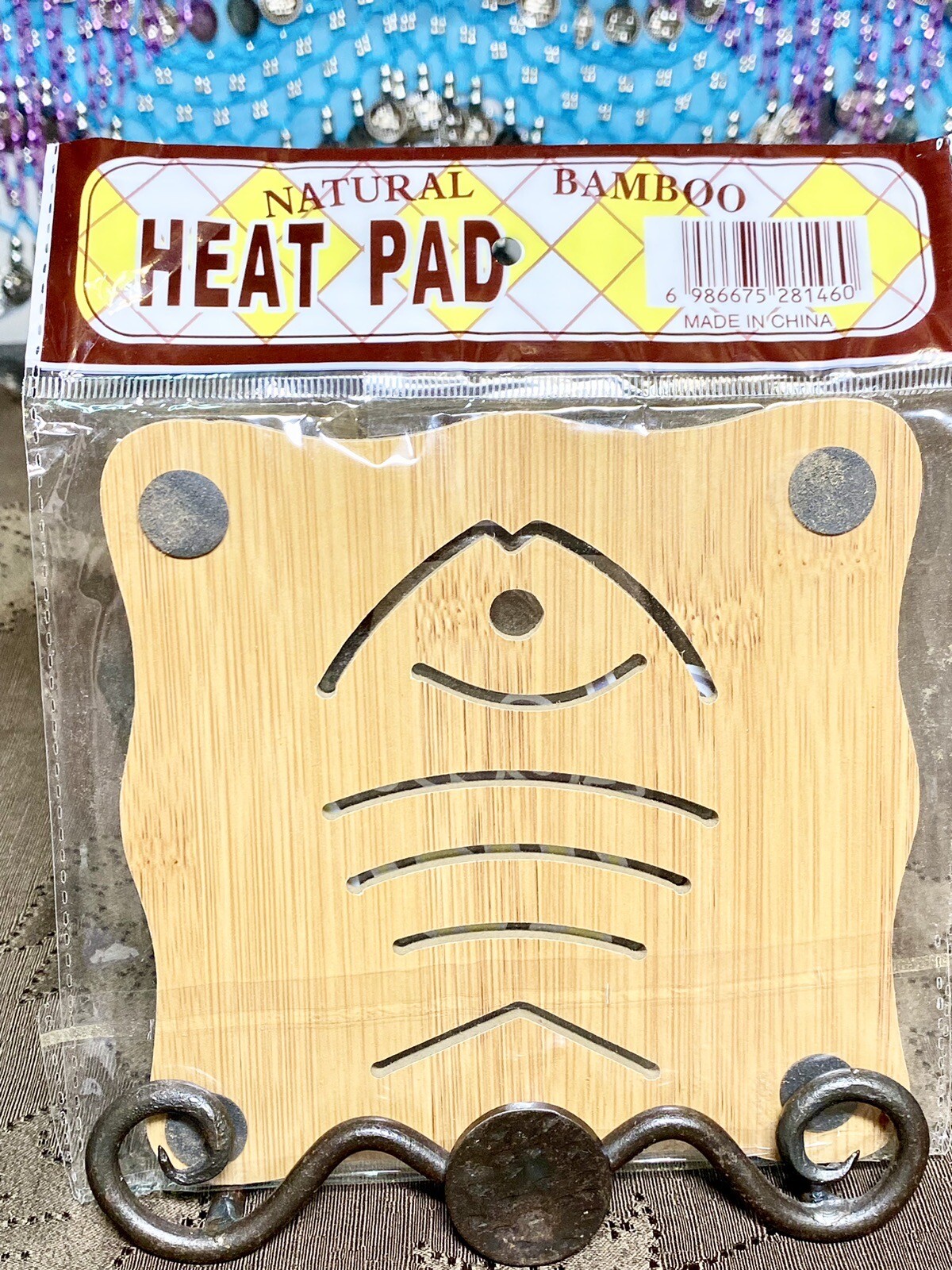 Natural Bamboo Heat Pad / Hot Pad; 5.5”, Trivet, NonSlip; Square Fish
