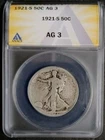 1921-S 50C Walking Liberty Half Dollar ANACS AG 3 Key Date