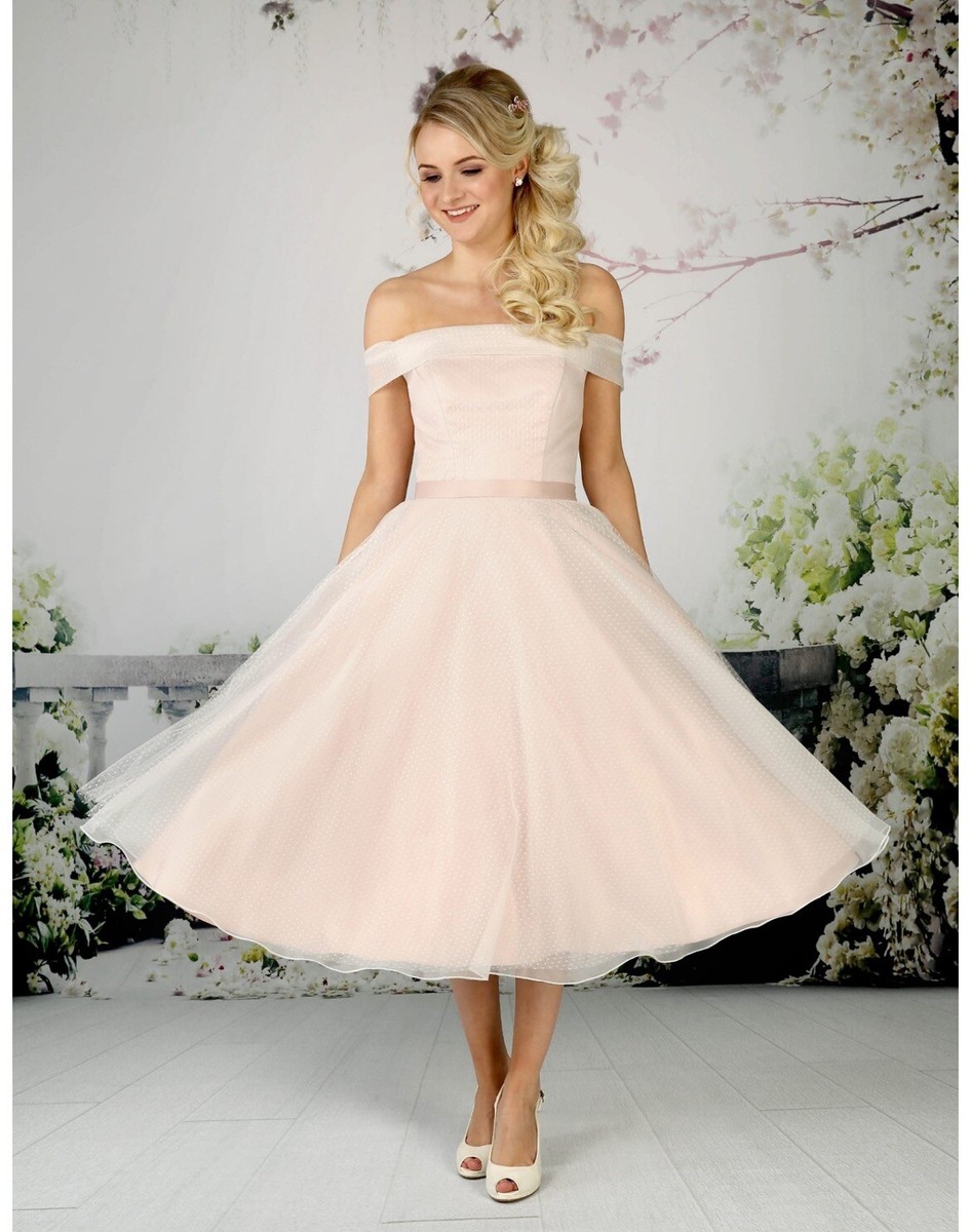 Emma Bridals Tea Length Retro Vintage Pink Tulle Wedding Dress