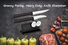 Rada 3 pc Set Granny Paring, Heavy Duty Paring & Knife Sharpener (Black Handle)