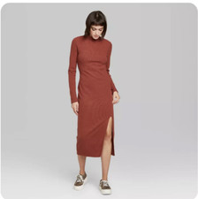 Women's Long Sleeve Mock Neck Ribbed Knit Midi Dress Wild Fable NWT Rust
