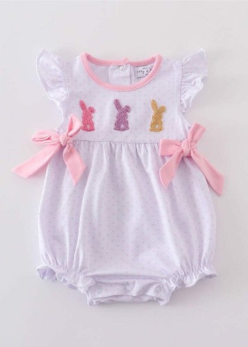 Girl's Boutique Premium Easter Dot Bunny Romper Sibling Matching Embroidered Emb - Picture 7 of 7
