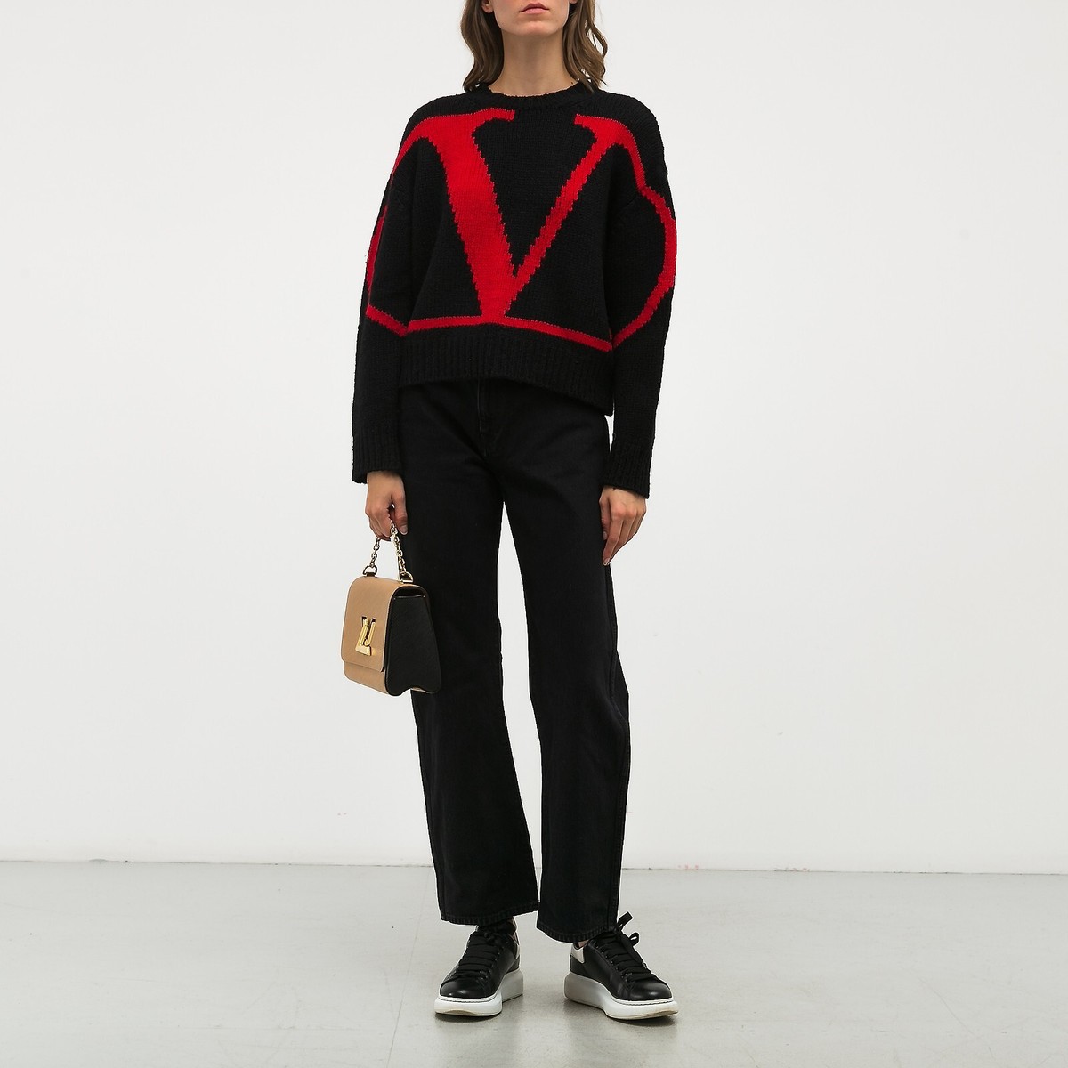 Valentino Women's Wool Blend V Logo Inlay Alpaca Sweater, Black