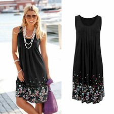Womens  Floral Sleeveless Ladies Summer Loose Plus Size Dress Long Top 8-24