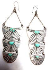 STUNNING SILVER TONE FAUX TURQUOISE LONG DANGLE PIERCED EARRINGS