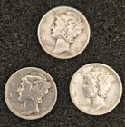 LOT OF THREE (3):  90% SILVER MERCURY DIMES 1936-P, 1939-P, 1944-D