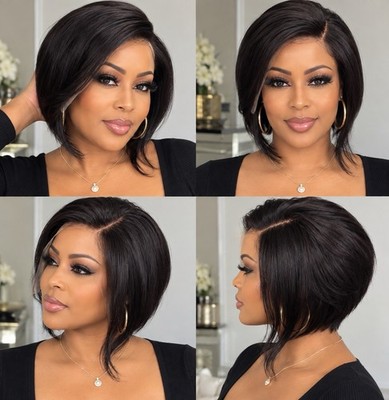 Black Lace Front Wig Short Straight Bob Synthetic C-Part One Size Women