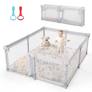 Large Foldable Baby Playpen with Gate & Zipper Door - Light Grey 79"x71
