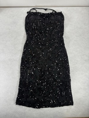 Windsor Black Sequin Strapless Mini Dress Lace Up Back Women Large LBD Party