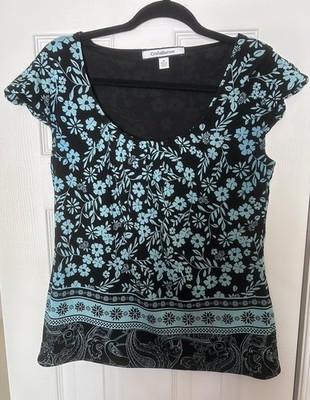 CROFT & BARROW Womens Cap Sleeve Blouse, Black w Blue Florals~ Size M