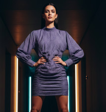 Ganni Ruched Sucker Mini Dress Women's Size 38 Purple Checked Long Sleeve