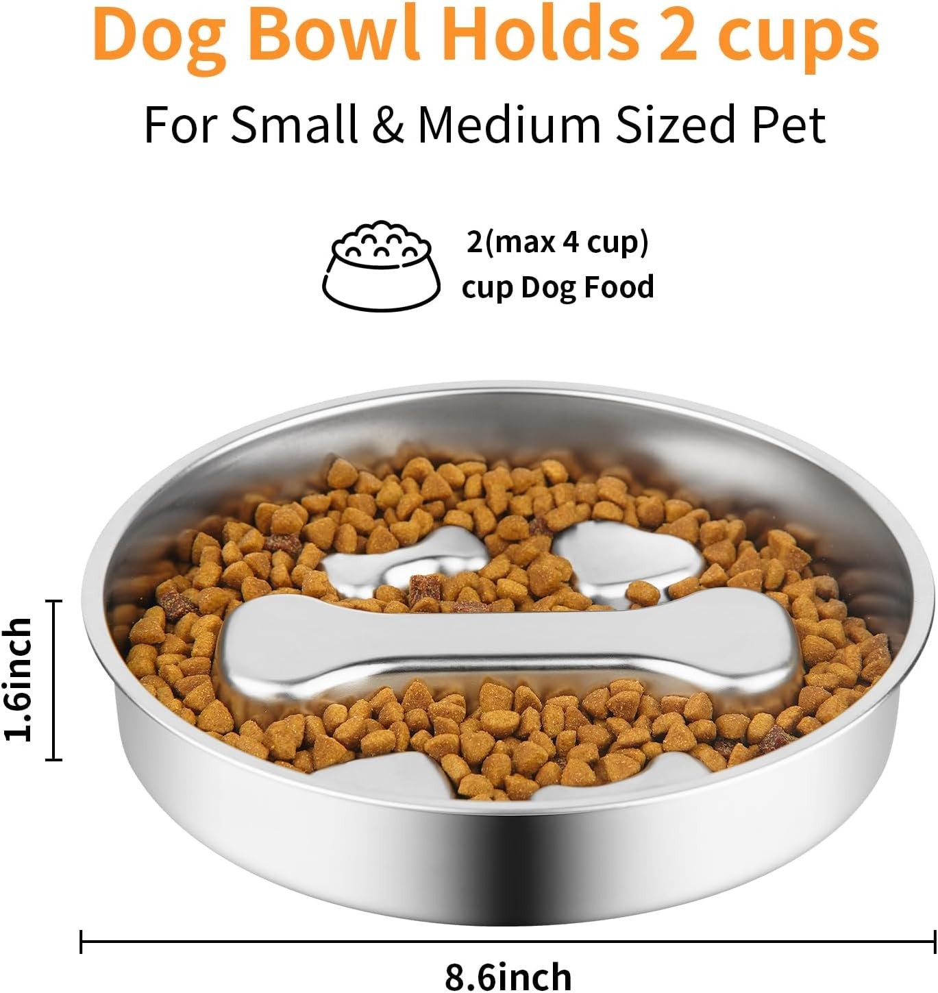 Slow Feeder Dog Bowl - 2 Cups Stainless Steel Dog Slow Feeder Food Bowl, Metal N