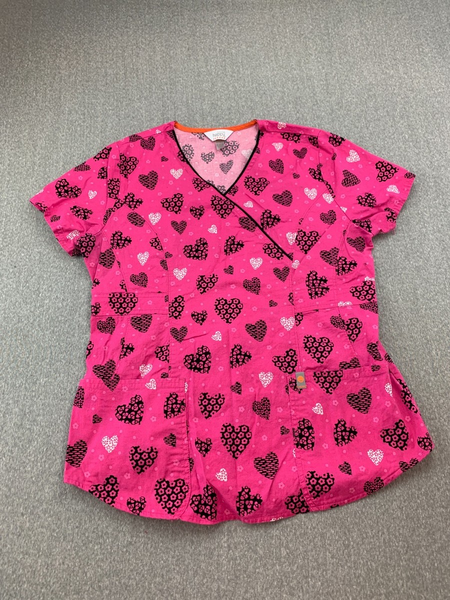 Code Happy Scrub Top Womens Size Medium 100% Cotton Pink Black Hearts Cute