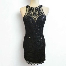Red Dress Black Sequin Beaded Mesh Cocktail Party Bodycon Mini Dress Small