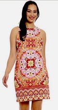London Times Women's Pink Red Floral Shift Printed Sleeveless Dress Sz 14 US New