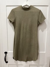 AX Paris Dress Size 12 Khaki Olive Faux Suede High Neck A Line Mini Dress