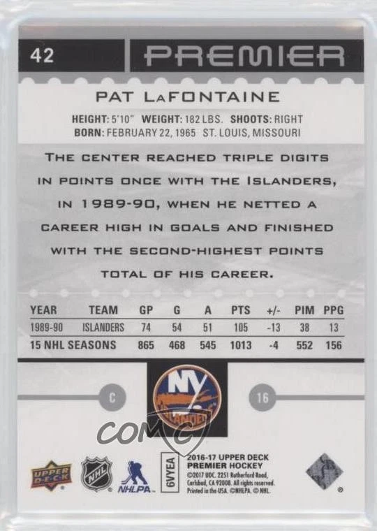 2016-17 Upper Deck Premier Legends /199 Pat LaFontaine #42 HOF - Image 2 of 2