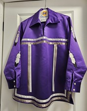 Mohawk Handmade Purple/White Satin Pow Wow Regalia Ribbon Shirt - Mens Small EUC