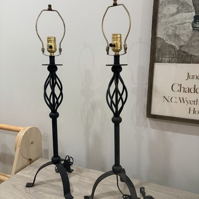 Vintage Pair Of Forged Twist Basket Black Table Lamps 28 