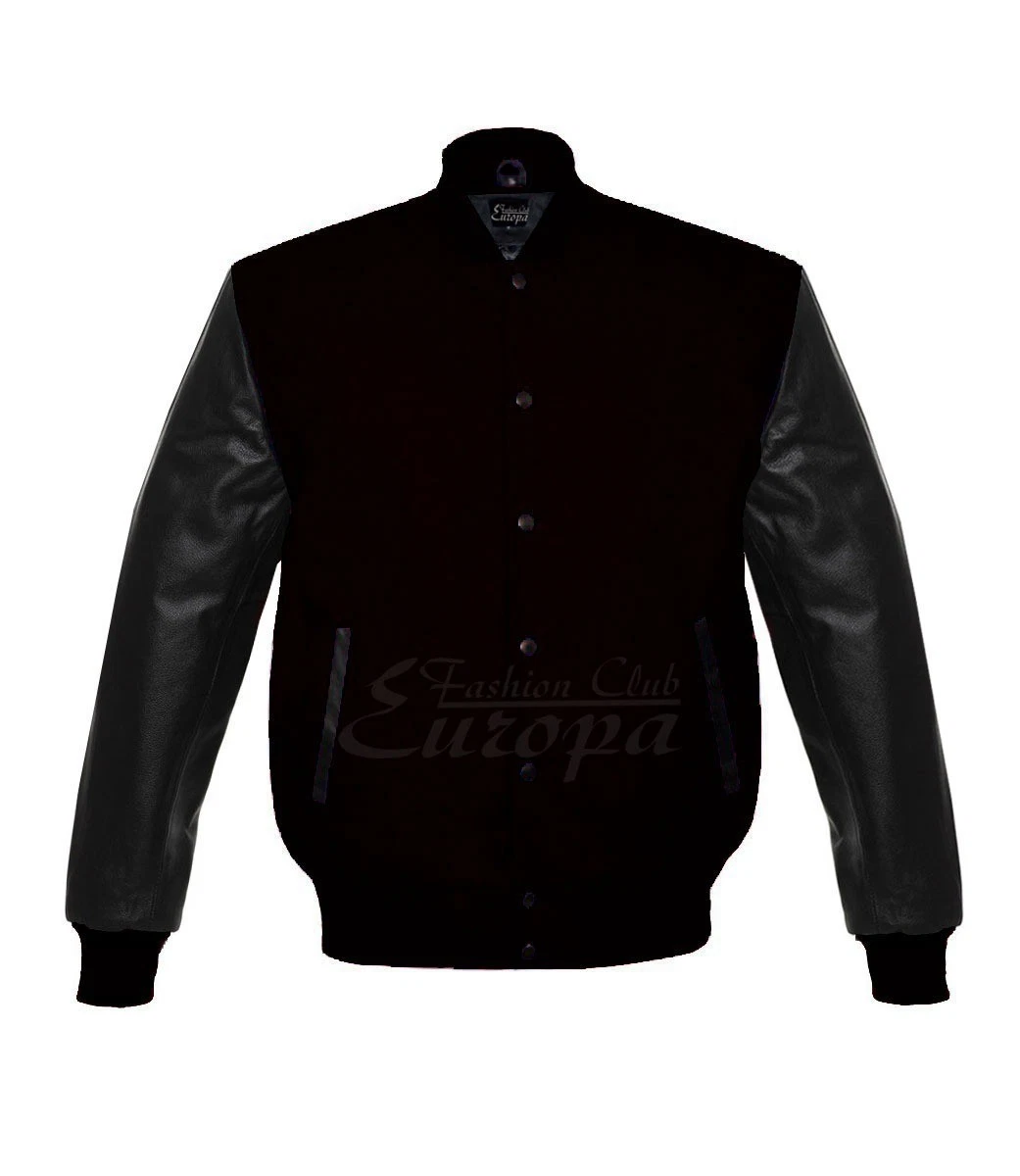 Black Wool Varsity Letterman Baseball Jacket Genuine Real Leather Sleeves