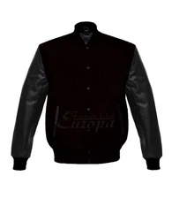 Black Wool Varsity Letterman Baseball Jacket Genuine Real Leather Sleeves