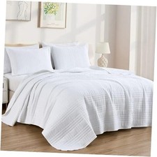 Kingston Size Bedspread Set, 3-Piece Oversized Quilted Microfiber Queen White
