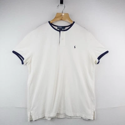 90’s Vtg Polo Ralph Lauren Henley Shirt Mens XL White Navy Ringer Cotton Pique - Image 1 of 4