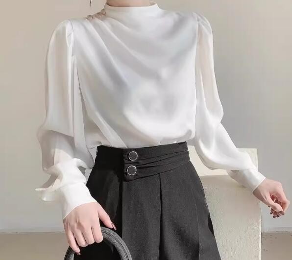 Women's Stand Collar Slim Fit Blouse Silk Long Sleeve pleated design Bead Shirt